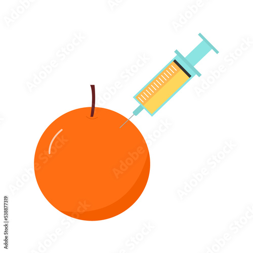 Food adulteration concept vector illustration. Orange with syringe injection in flat design on white background.