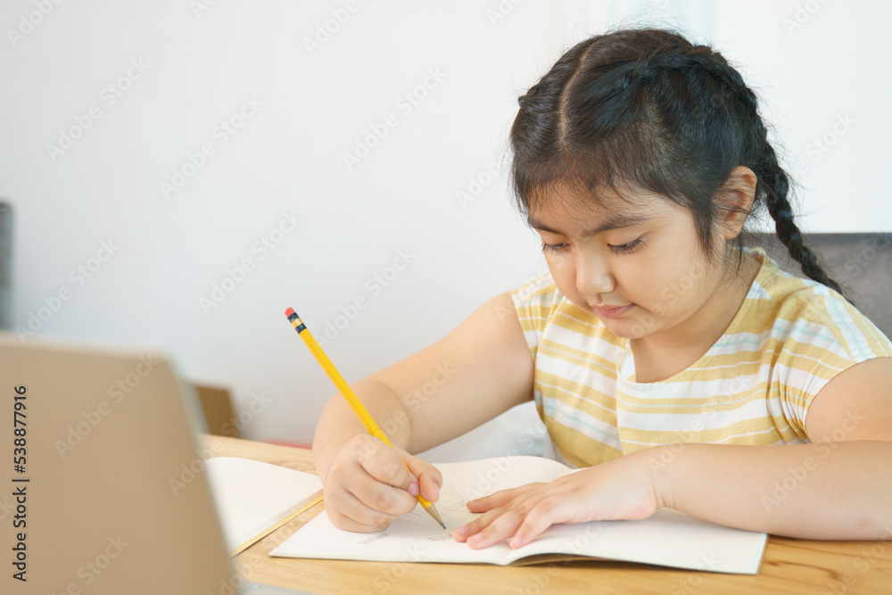 Asian girl student online learning class study online video call zoom teacher with laptop at home.Girl doing homework or online education.New normal.Covid-19 coronavirus.Social distancing.stay home Asian girl student online learning class study online video call zoom teacher with laptop at home.Girl doing homework or online education.New normal.Covid-19 coronavirus.Social distancing.stay home