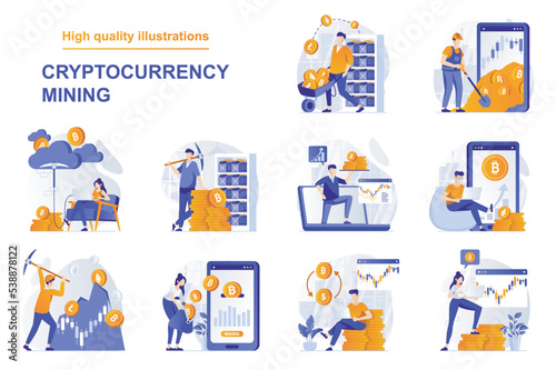 Cryptocurrency mining web concept with people scenes set in flat style. Bundle of extracting bitcoins and other crypto coins, investing in mining farms. Vector illustration with character design