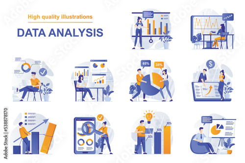 Data analysis web concept with people scenes set in flat style. Bundle of searching statistics at charts or graphs, making financial reports, research market. Vector illustration with character design