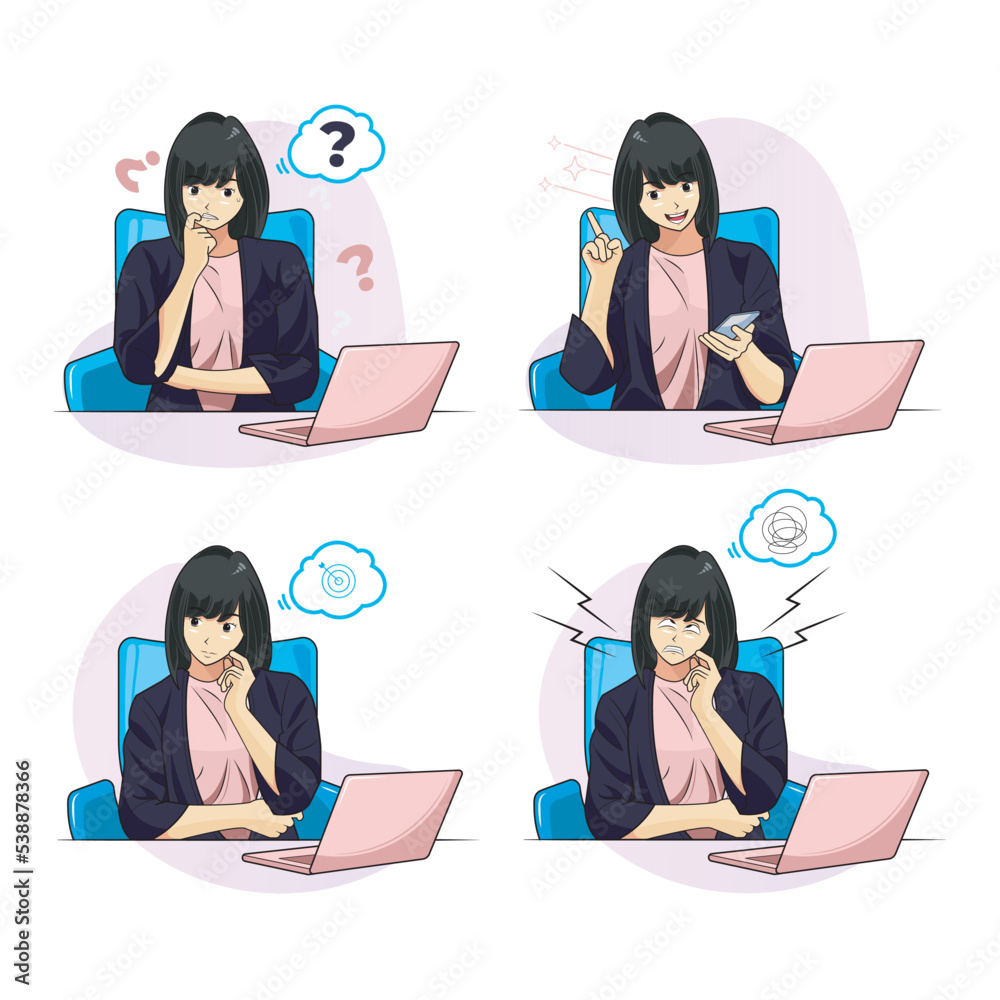Young Business Woman Set 001. Young Business Woman in different expression poses in the office. Set of flat vector Young Business Woman isolated on white background Young Business Woman Set 001. Young Business Woman in different expression poses in the office. Set of flat vector Young Business Woman isolated on white background