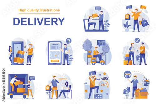 Delivery service web concept with people scenes set in flat style. Bundle of ordering food with courier delivering, fast shipping, logistic transportation. Vector illustration with character design