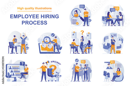 Employee hiring process web concept with people scenes set in flat style. Bundle of human resources, choose resume, open vacancy in office, job interview. Vector illustration with character design