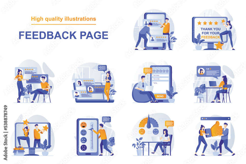 Feedback page web concept with people scenes set in flat style. Bundle of customer satisfaction, high rating stars and likes, positive client experience. Vector illustration with character design Feedback page web concept with people scenes set in flat style. Bundle of customer satisfaction, high rating stars and likes, positive client experience. Vector illustration with character design