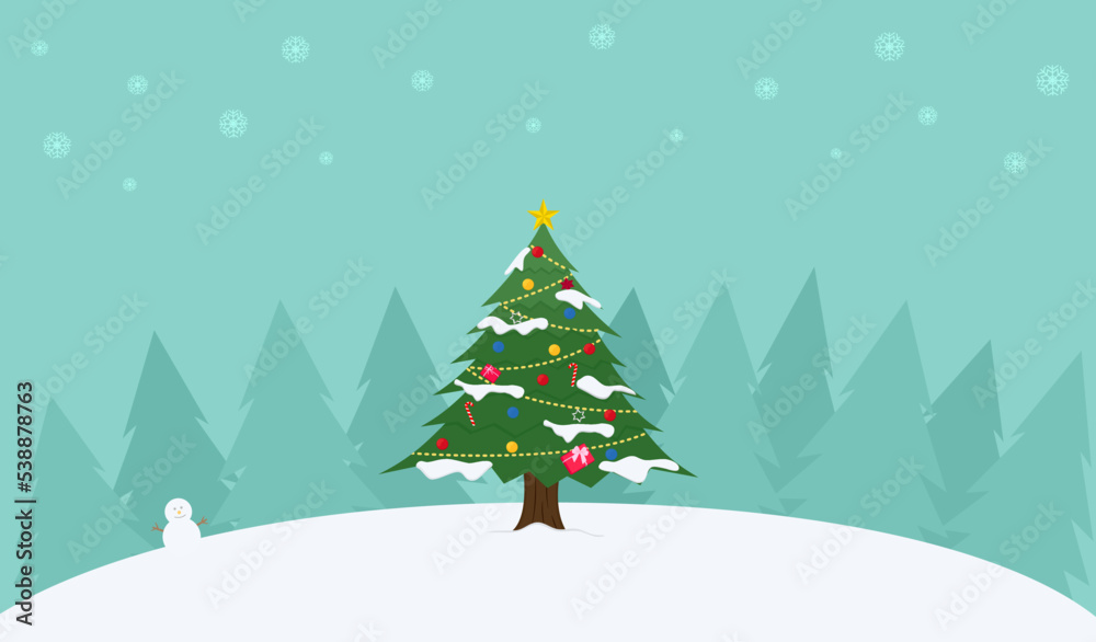 Christmas tree with festive decorative elements in pine forest snowy landscape with falling snowflakes on blue background. Merry Christmas vector illustration, winter holiday calibration background