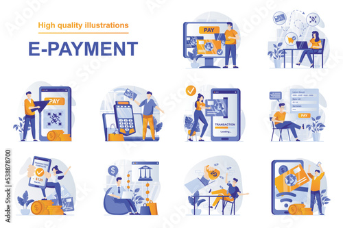 E-payment web concept with people scenes set in flat style. Bundle of secure mobile payment with credit card, paying digital receipt in online banking. Vector illustration with character design