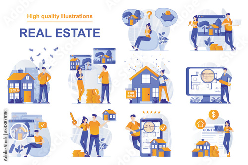 Real estate web concept with people scenes set in flat style. Bundle of home for sale, buying new house, searching rental apartment, mortgage loan, housing. Vector illustration with character design