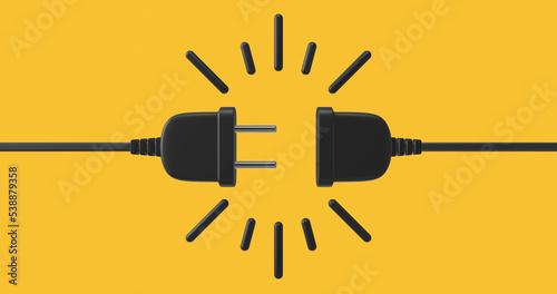 Electric socket with a plug. Connection and disconnection concept. 404 error connection, page not found. The electric plug and outlet socket are unplugged. Wire, cable of energy disconnect. 3d render