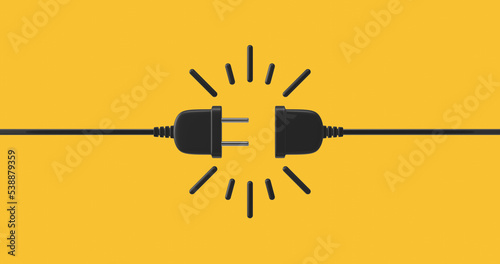 Electric socket with a plug. Connection and disconnection concept. 404 error connection, page not found. The electric plug and outlet socket are unplugged. Wire, cable of energy disconnect. 3d render photo