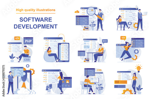 Software development web concept with people scenes set in flat style. Bundle of backend development, programming, working with abstract code and scripts. Vector illustration with character design
