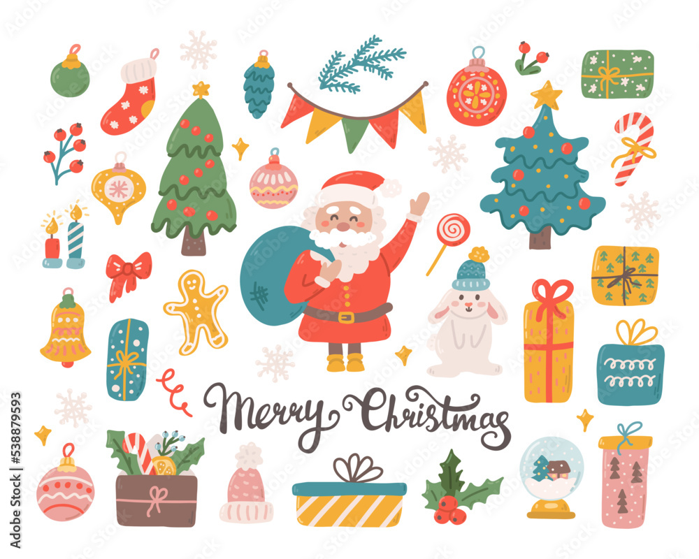 Christmas set of decorative elements and characters for design. Santa Claus, rabbit, Christmas toys and gifts. Vector flat illustration on white background in hand drawn style