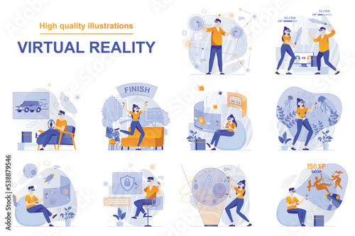 Virtual reality web concept with people scenes set in flat style. Bundle of users in VR headsets playing games, working, learning, going in for cybersport. Vector illustration with character design