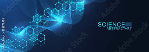 Modern scientific background with hexagons, lines and dots. Wave flow abstract background. Molecular structure for medical, technology, chemistry, science. Vector illustration