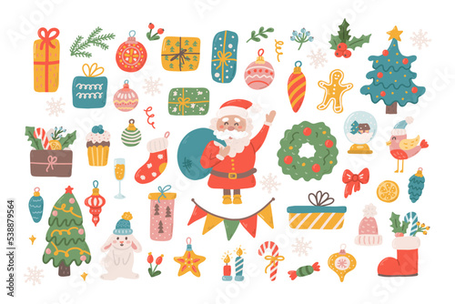 Big Christmas set of decorative elements and characters for design. Santa Claus, Christmas tree toys, gifts, sweets. Vector flat illustration on white background in hand drawn style