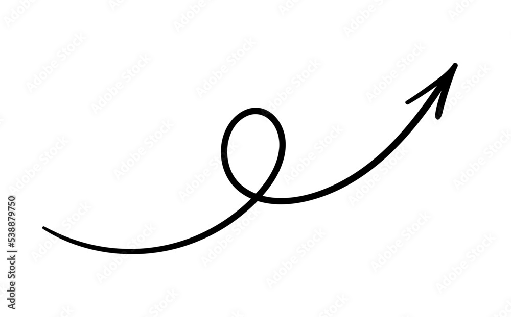 Obraz premium Hand painted arrow. Curved line, sketch and pencil drawing. Sticker for social media and messengers. Calligraphy, creativity and art. Symbol points up. Icon and badge. Cartoon flat vector illustration