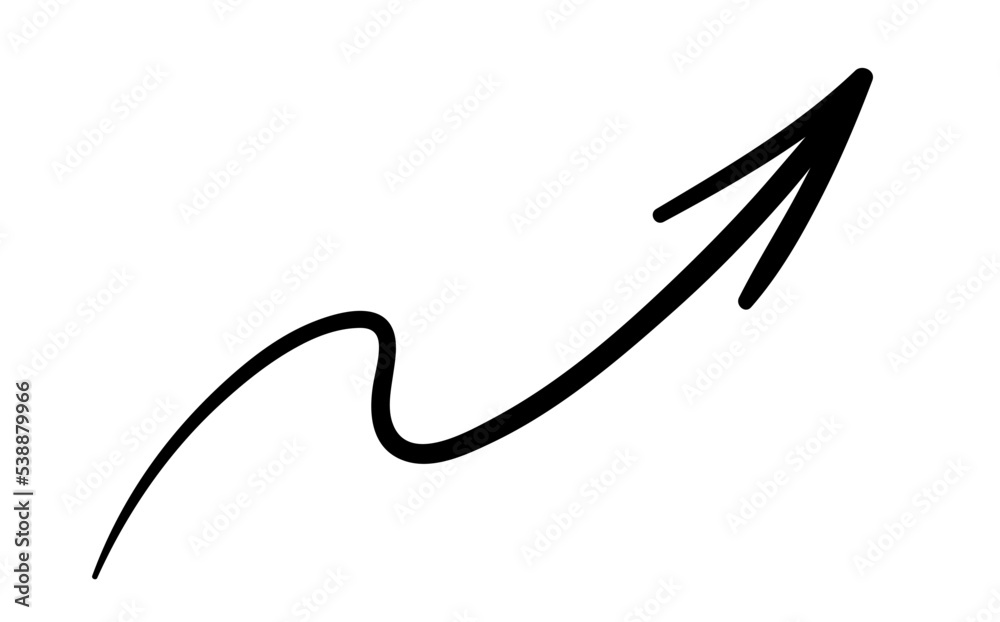 Hand painted arrow. Icon points upwards to right, curved line. Reaction