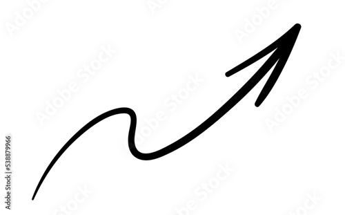 Hand painted arrow. Icon points upwards to right, curved line. Reaction for messengers. Graphic element for printing on fabric. UI and UX design and interface. Cartoon flat vector illustration