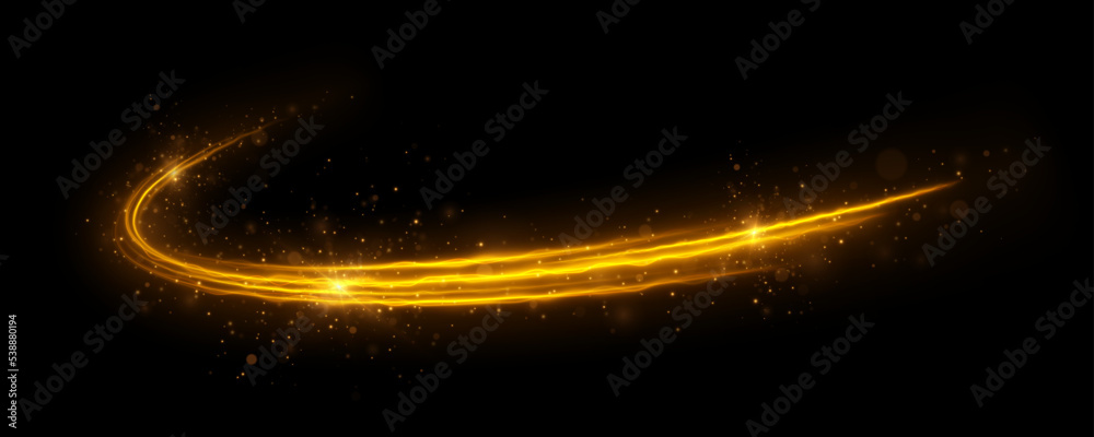 Glowing fire lines effect. Golden, glittering magic gold particles isolated on transparent background. Sparkling wavy light effect.