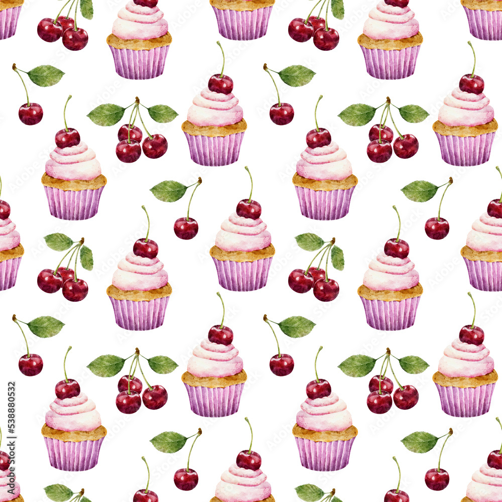 Seamless pattern with watercolor cherry and cupcake isolated on white background.