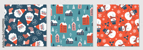 Three Christmas seamless patterns with Santa, snowman and cute little houses.
