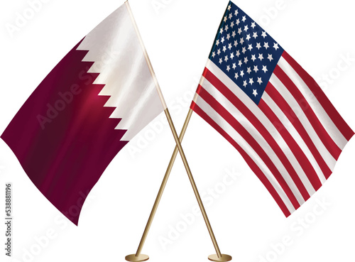 Qatar,US flag together.American,Qatar waving flag together