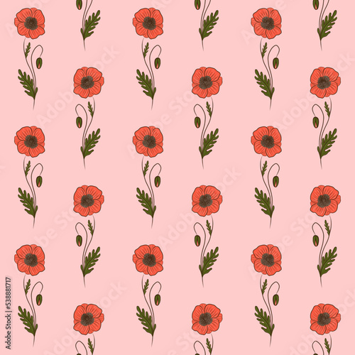 PINK VECTOR SEAMLESS BACKGROUND WITH RED POPPY WILDFLOWERS