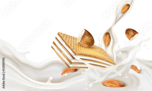 Biscuits wafer of milky cream with almonds are splashing in the middle on white background. Realistic vector in 3D illustration.