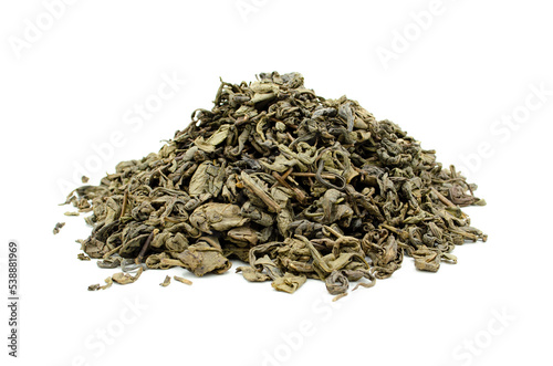 Dried chinese green tea top view on white background.