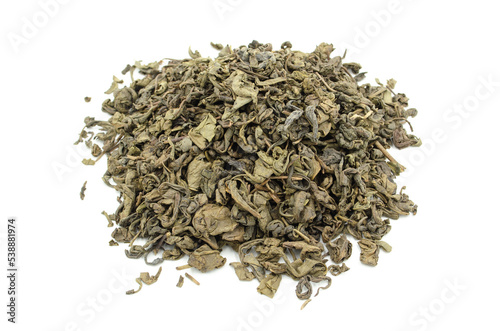 Dried oolong tea leaves isolated on white background.