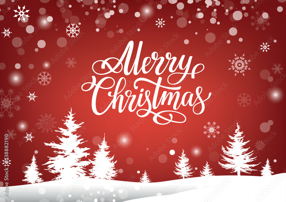 Merry Christmas red greeting card. Christmas red background with winter forest and lettering. Festive banner. Merry Christmas red greeting card. Christmas red background with winter forest and lettering. Festive banner.