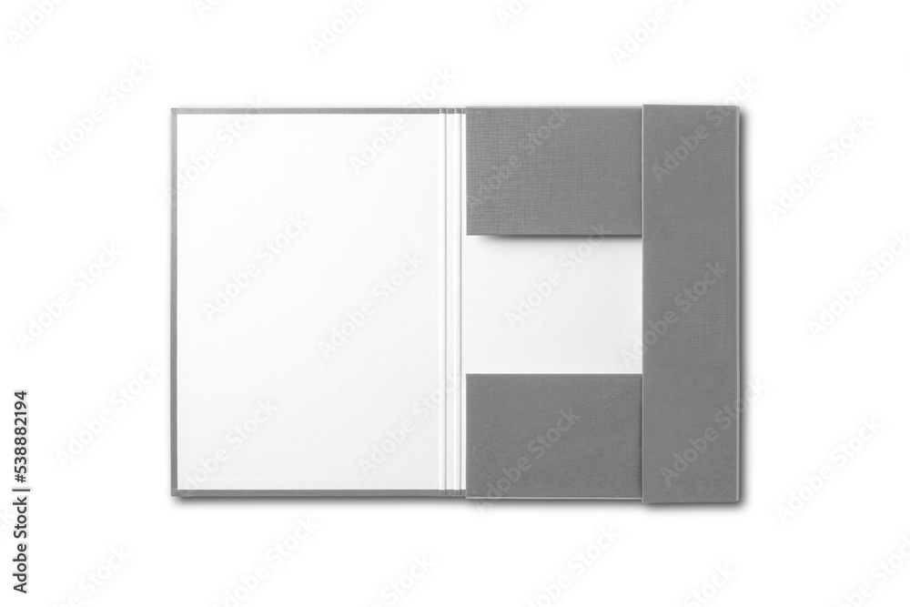 Blank grey empty open folder mockup isolated on white background with soft shadows. 3d rendering. Blank grey empty open folder mockup isolated on white background with soft shadows. 3d rendering.