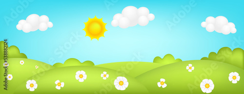 Meadow panorama 3d vector illustration. Bright landscape of green valley kids background. Colorful cute scenery with spring green grass, trees, flowers, blue sky, sun, clouds for children's sites.