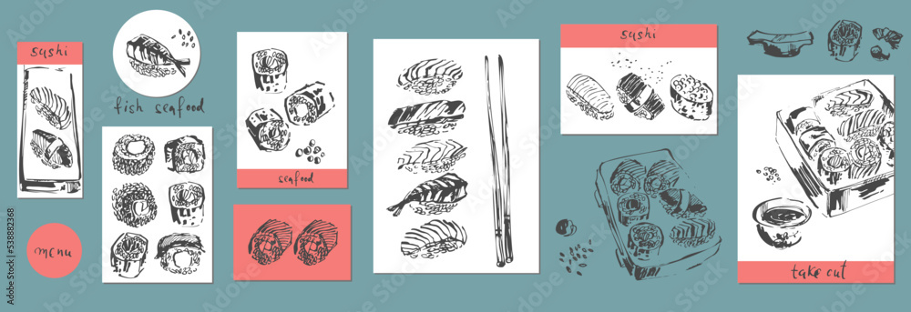 Hand drawn ink sketch of sushi, sashimi, rolls, soy sauce, sticks set