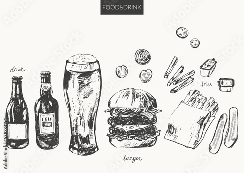 Beer bottles, beer glass, burger, fries.