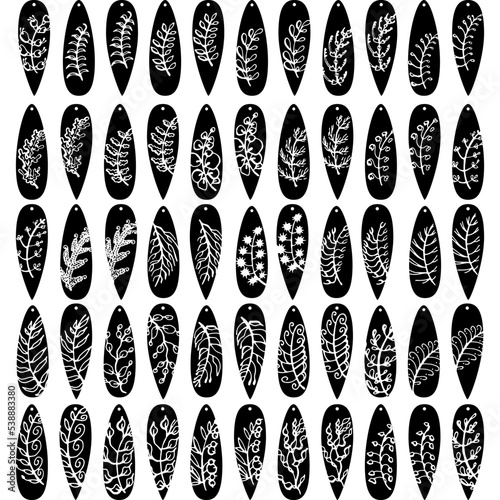 Silhouette earrings. Jewelry collection. Isolated teardrop-shaped pendants. Lots of black earrings with plants. For needlework and sublimation