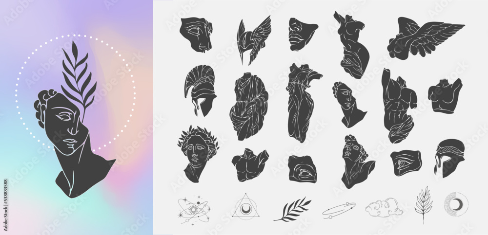 Vector set of logo with antique sculptures. Vector illustration with classical Sculpture for card poster T-Shirt or printing. Contemporary hand drawn mythical collection in line design style. Vector Vector set of logo with antique sculptures. Vector illustration with classical Sculpture for card poster T-Shirt or printing. Contemporary hand drawn mythical collection in line design style. Vector
