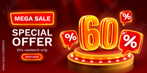 Mega sale special offer, Neon 60 off sale banner. Sign board promotion. Vector