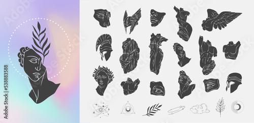 Vector set of logo with antique sculptures. Vector illustration with classical Sculpture for card poster T-Shirt or printing. Contemporary hand drawn mythical collection in line design style. Vector