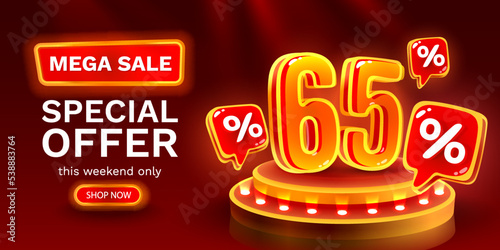 Mega sale special offer, Neon 65 off sale banner. Sign board promotion. Vector