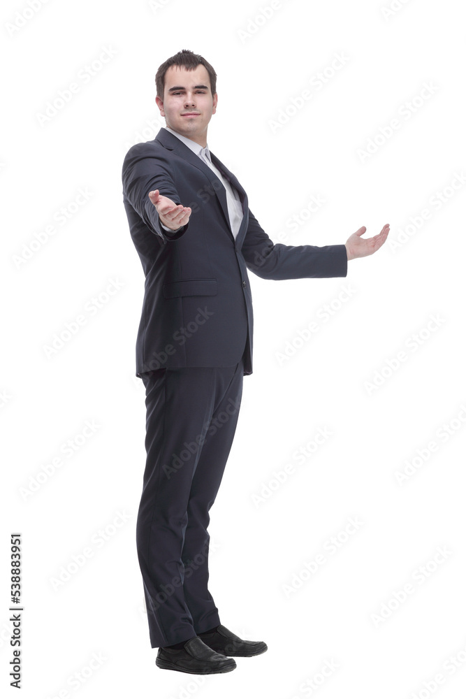 Side view of confident businessman with arms folded against white background Side view of confident businessman with arms folded against white background