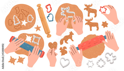 Kneading dough hands. Woman prepares homemade cookies. Top view. Cooking school. Vector illustration in flat style.