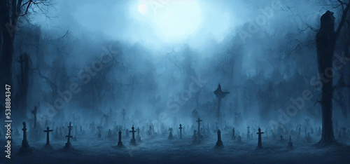 Abandoned Spooky Cemetery With Old Celtic Cross Gravestone At Dark Misty Night. Halloween Horror. Concept Art, Digital Illustration