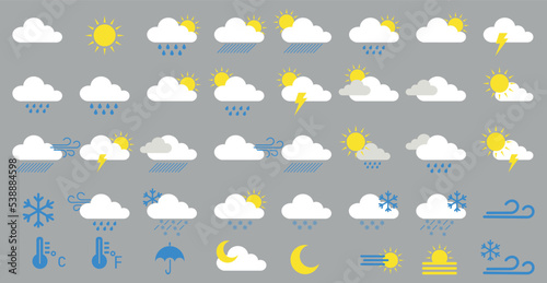 Huge pack of weather icons. Weather forecast design elements for mobile apps and widgets.