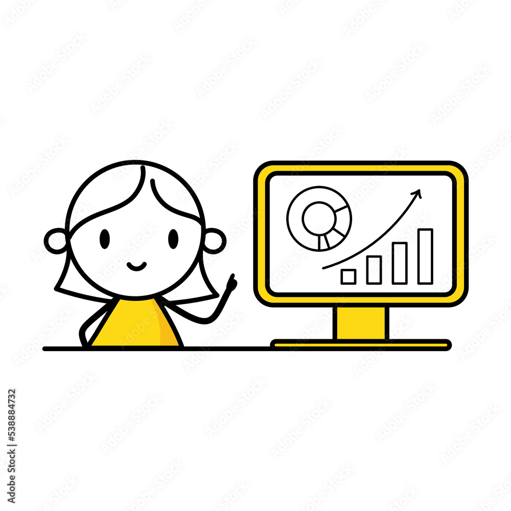 Woman analyzes chart and graph data, working with data visualization on computer. Digital data analysis concept. Vector stock illustration Woman analyzes chart and graph data, working with data visualization on computer. Digital data analysis concept. Vector stock illustration