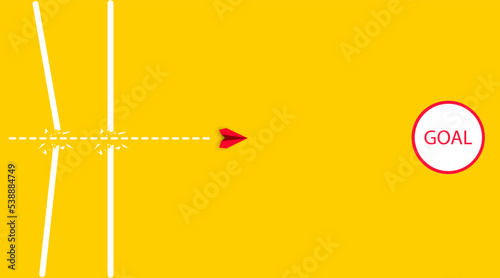 The red plane that overcomes the obstacles is successful. Crisis management idea concept. trite,
Diverse environment, Business leader, Idea to develop idea.