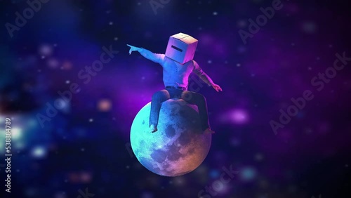 Man with box in his head sitting on the moon in the background the intergalactic universe.