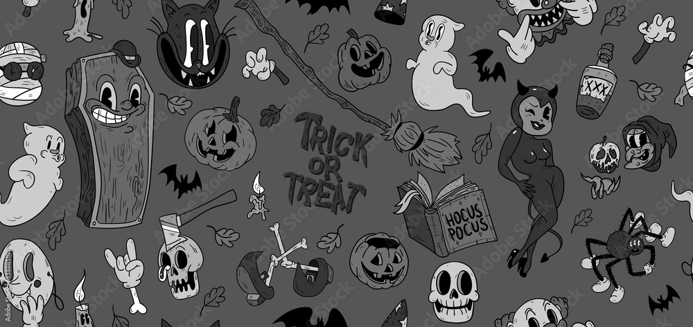 Halloween seamless vector pattern. Hand drawn background in retro old cartoons style. Halloween seamless vector pattern. Hand drawn background in retro old cartoons style.