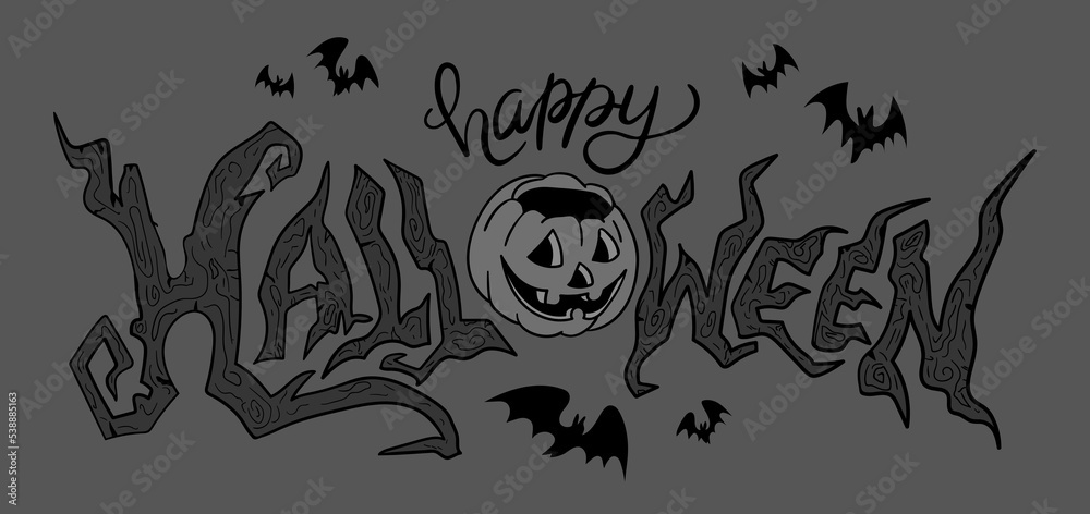 Obraz premium Happy Halloween calligraphy. Vector hand drawn illustration in retro cartoon style