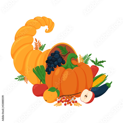 Cornucopia. Horn of plenty with fruits, vegetables. Pumpkin, corn, eggplant, apple. Vector illustration for Thanksgiving or fall harvest festival. Cartoon style. Isolated on white