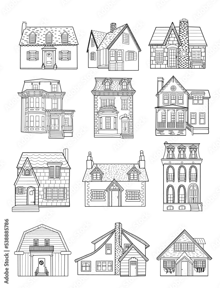 Set of doodle vector houses. Collection of hand drawn building